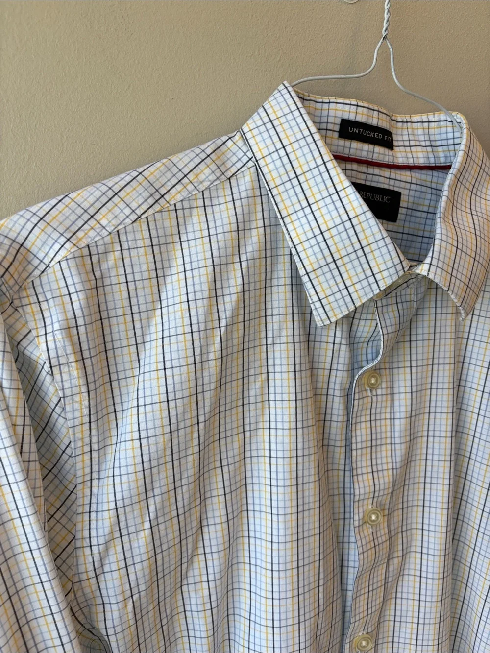 Banana Republic Factory White Dress Shirt with Blue and Yellow Windowpane Plaid